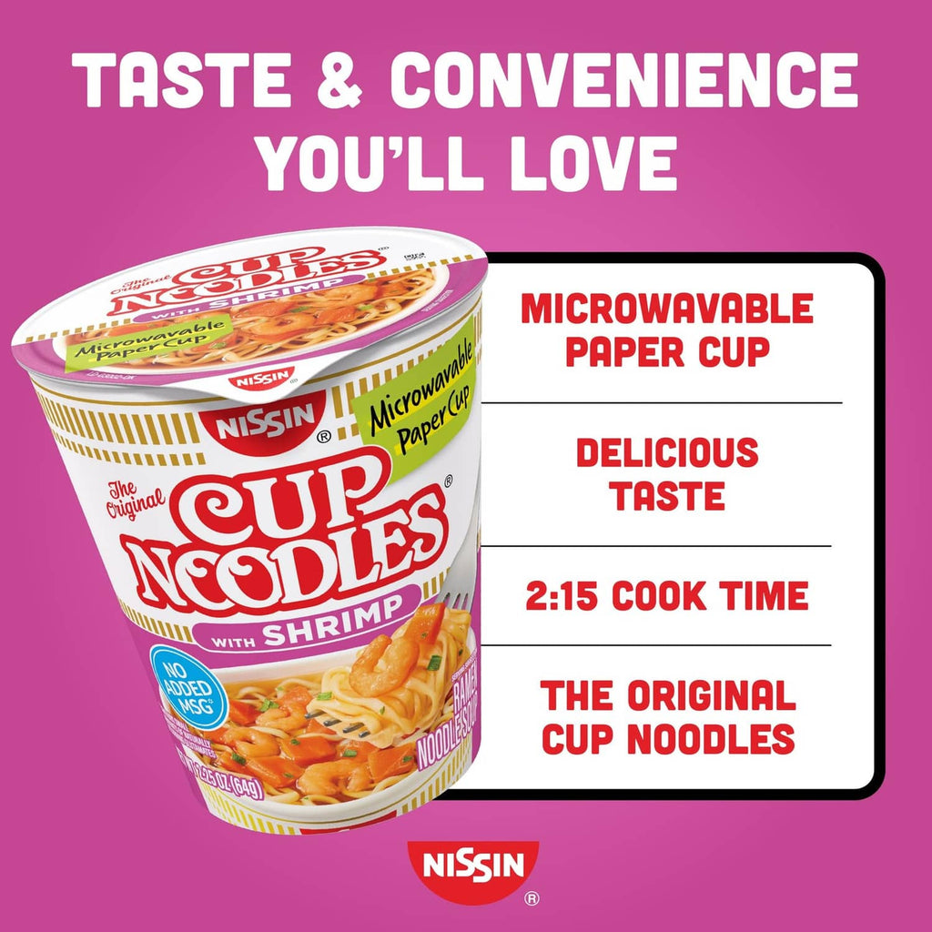 Shrimp Cup Noodles microwaveable paper cup with cooking time and convenience panel