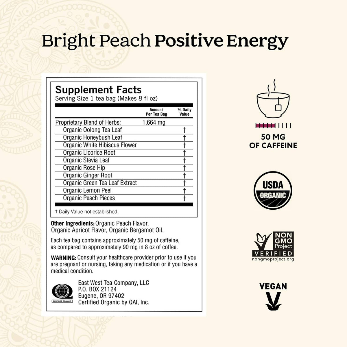 Vanilla Spice Perfect Energy supplement facts panel with caffeine info and USDA organic