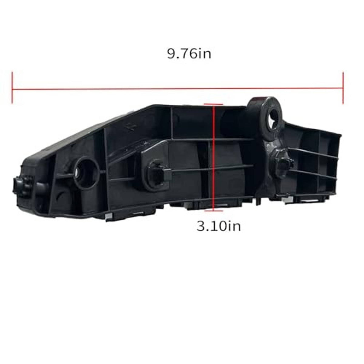 Black plastic bumper bracket with circular fastener openings and molded mounting slots