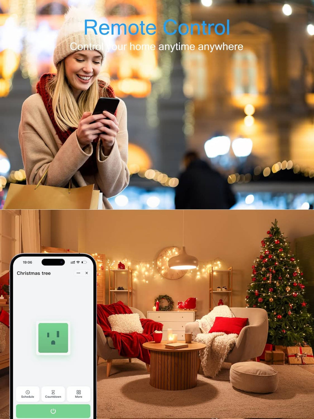 White smart outlet adapter controlled remotely, plugged into a wall outlet with holiday lights nearby