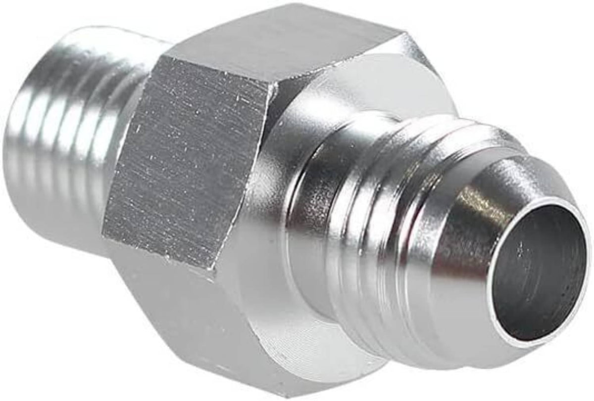 Angled view of metal 6AN flare-to-1/4" NPSM adapter fitting with hex coupler.