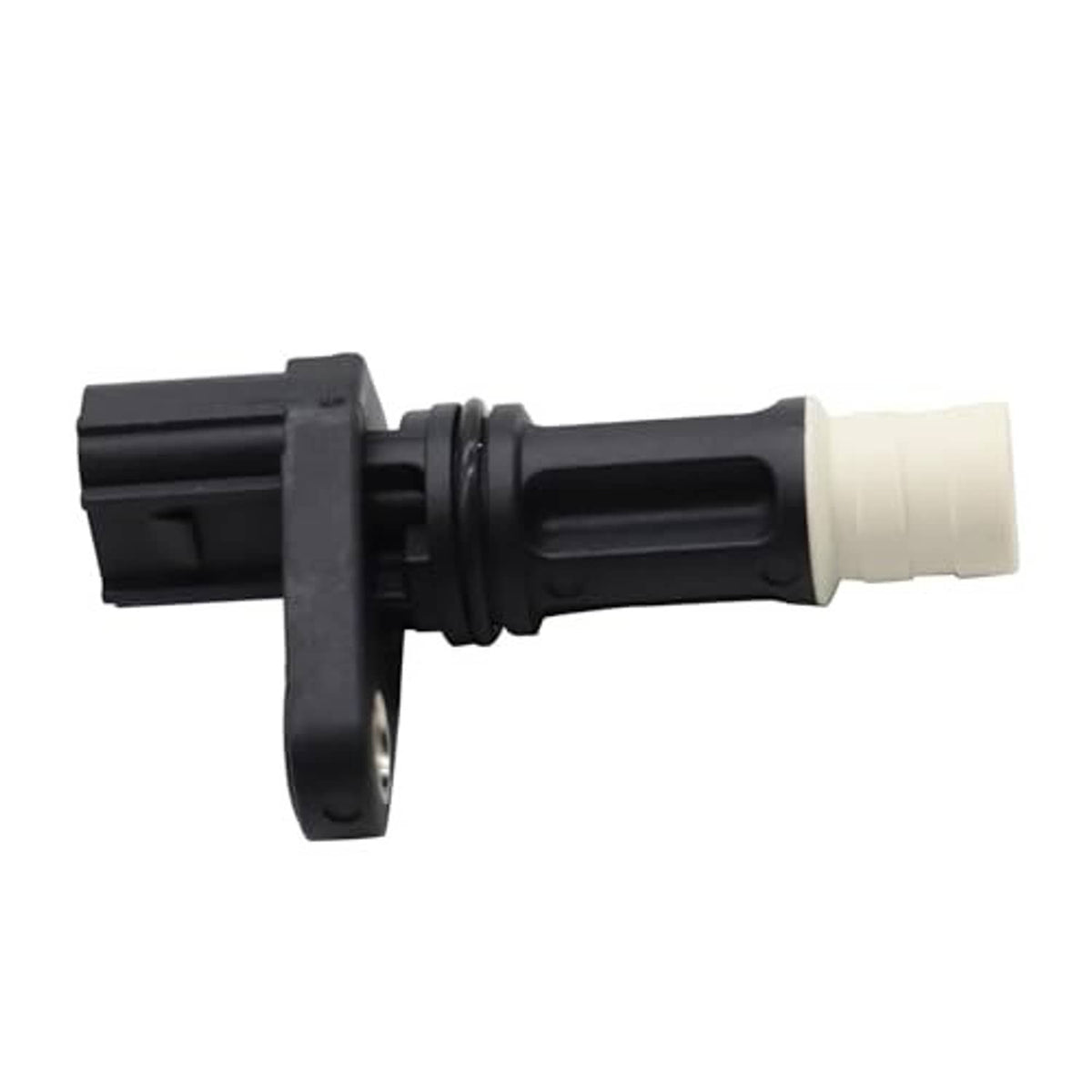 Crankshaft position sensor, side view of black bracket and white connector with wiring plug