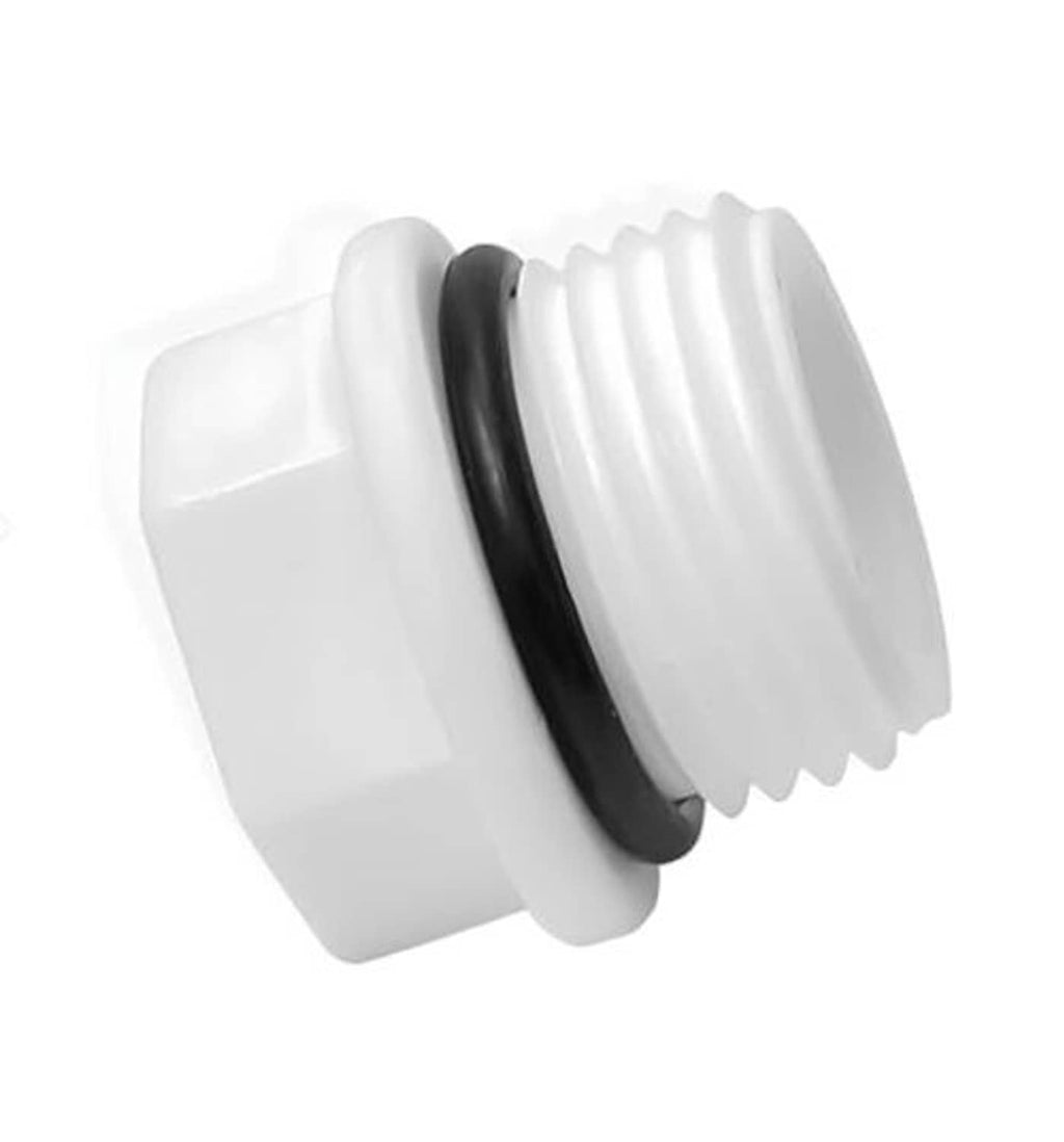 White 1/2-inch PVC threaded pipe end cap with black ring, side close-up