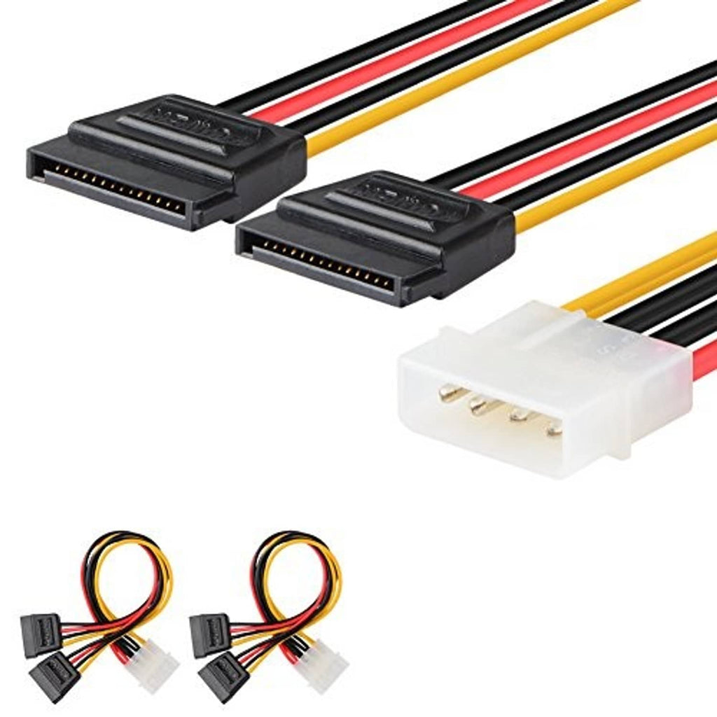 Dual SATA power Y-cable adapter showing two SATA-style connectors and 4-pin Molex plug