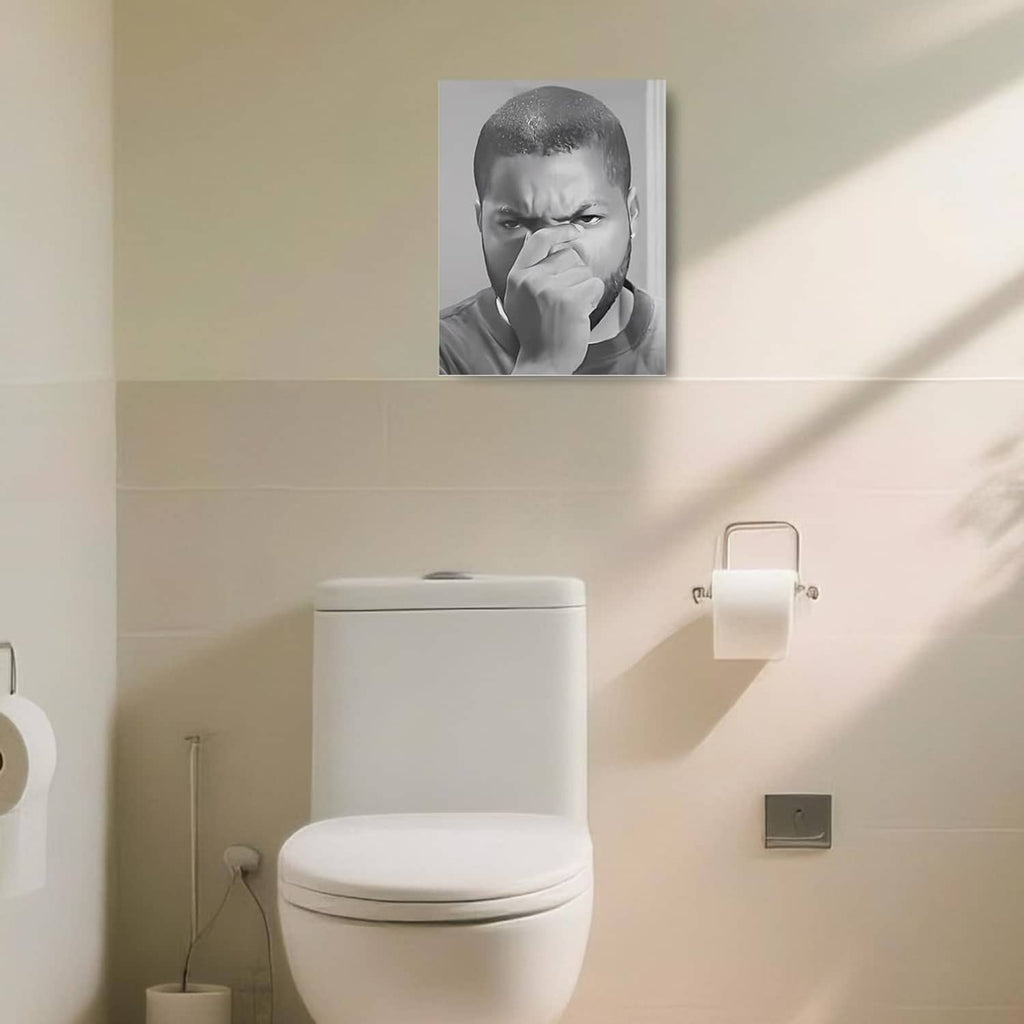 Mounted black-and-white canvas wall art with portrait of man covering mouth