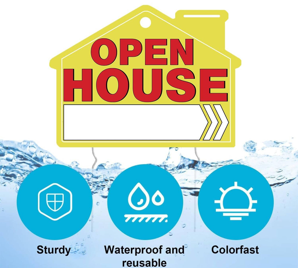 Yellow open house sign with red lettering and three blue protection icons