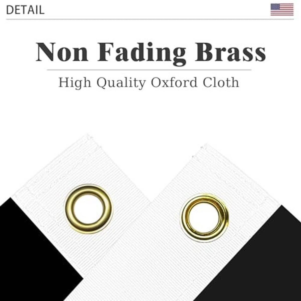 Flag eyelets detail: two gold grommets on white fabric backing