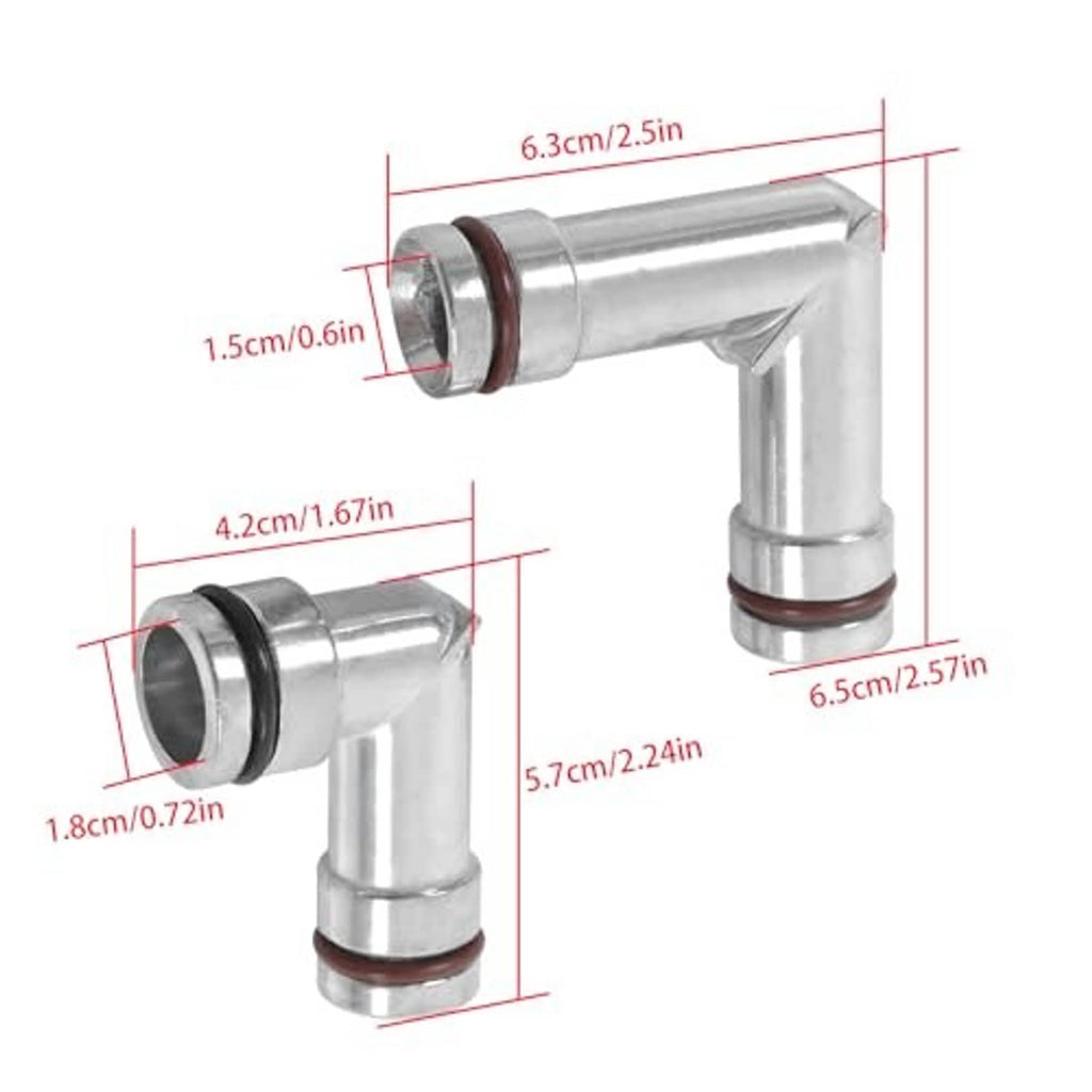 Heater hose aluminum elbow dimensions diagram, silver fittings with brown and black rings