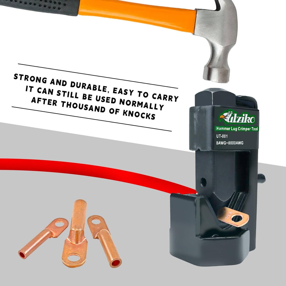 Black hammer lug crimper tool on gray base with orange-handled mallet
