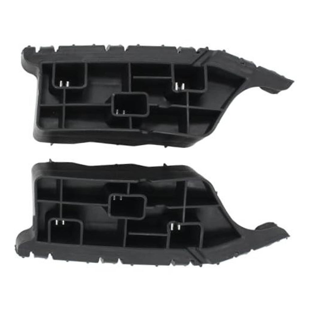 Left and right front bumper bracket retainer mounts, black plastic with metal clips