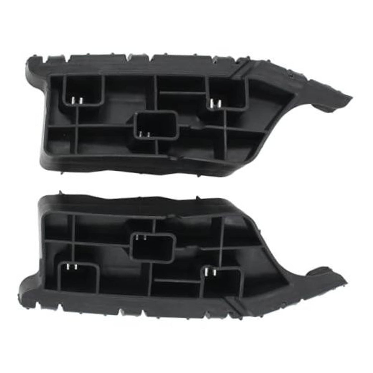 Left and right front bumper bracket retainer mounts, black plastic with metal clips
