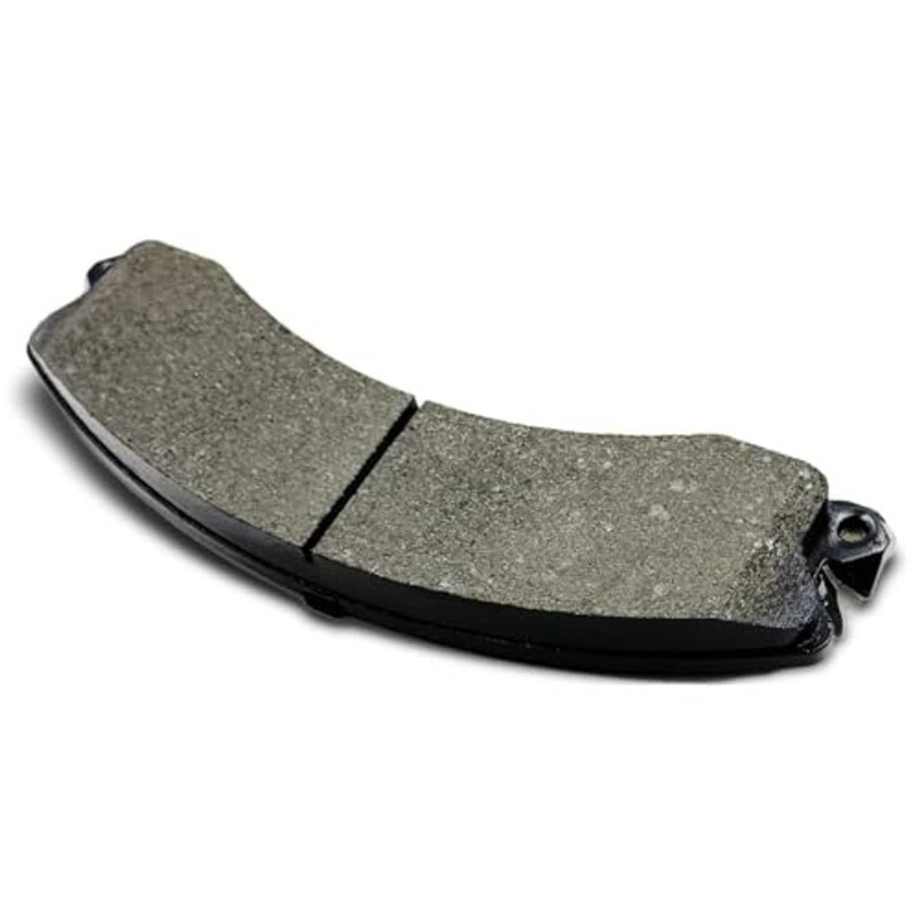 Ceramic brake pad, grey friction pad angled view with metal backing and bolts