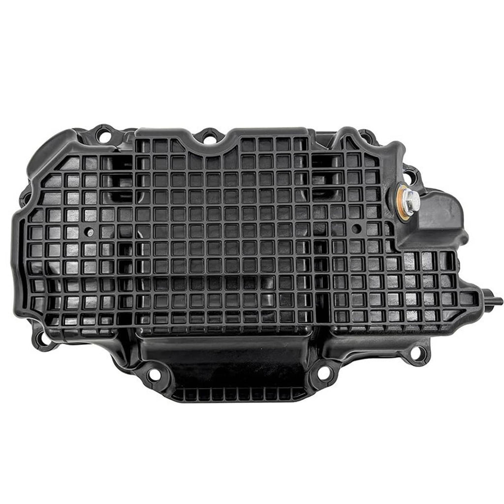 Engine oil pan with gasket, black plastic housing top view with sensor port and fasteners