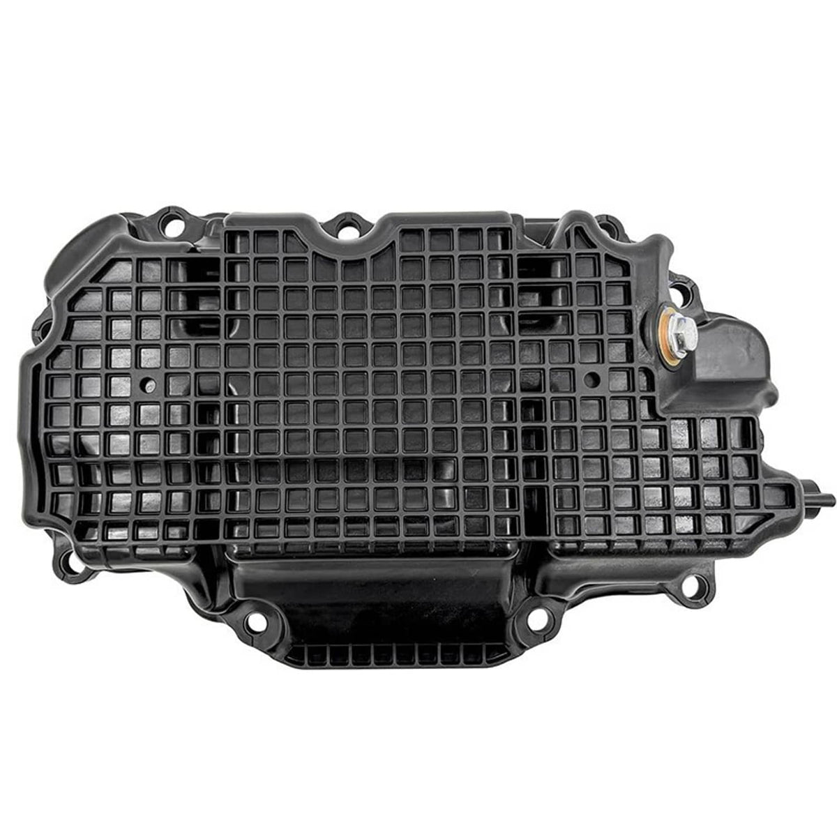 Engine oil pan with gasket, black plastic housing top view with sensor port and fasteners