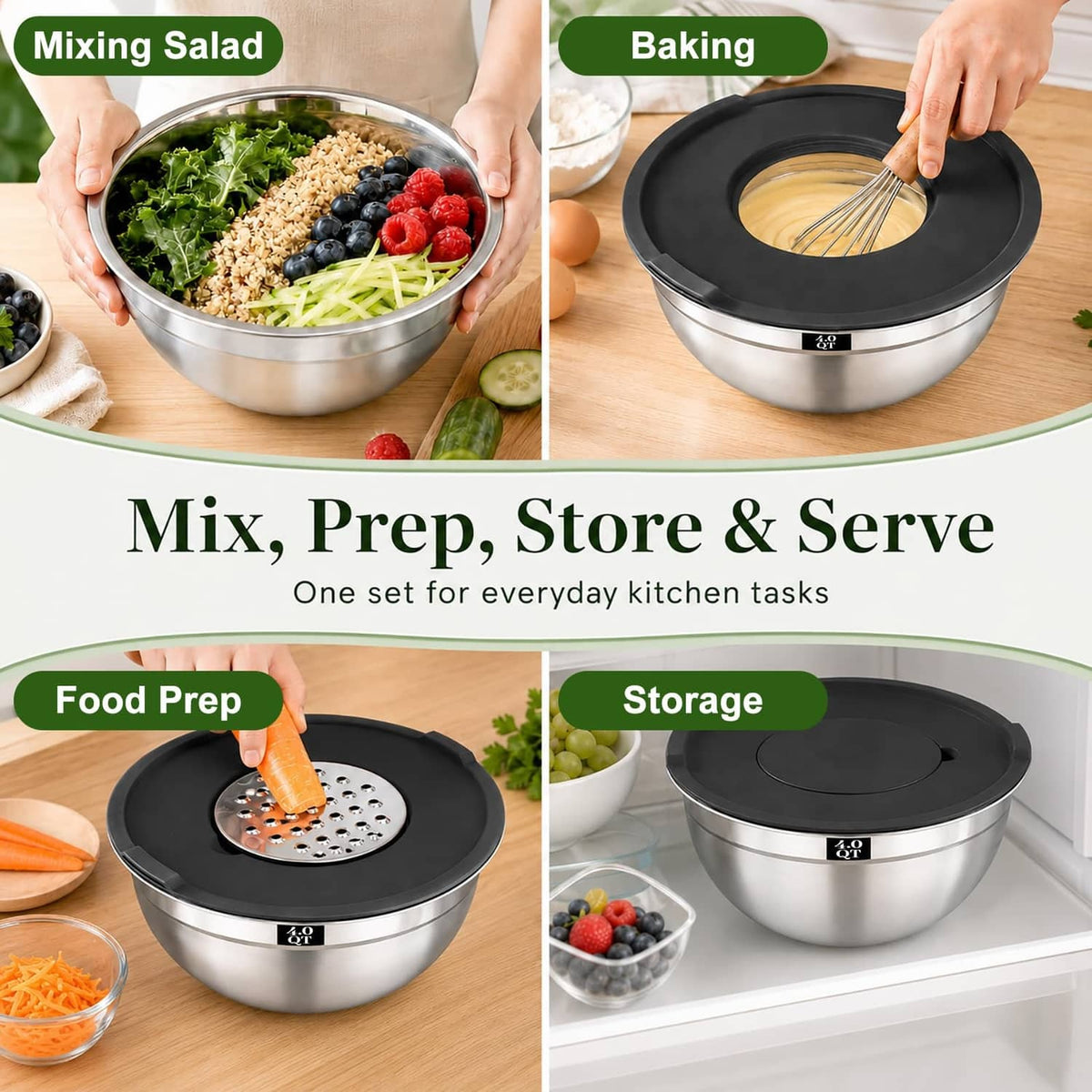 Stainless mixing bowls set with black lids and grater lid attachment for prep