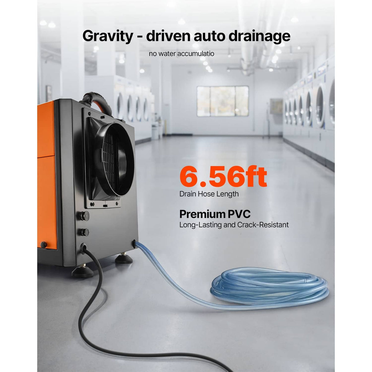 Commercial dehumidifier with drain hose and gravity auto-drainage connection