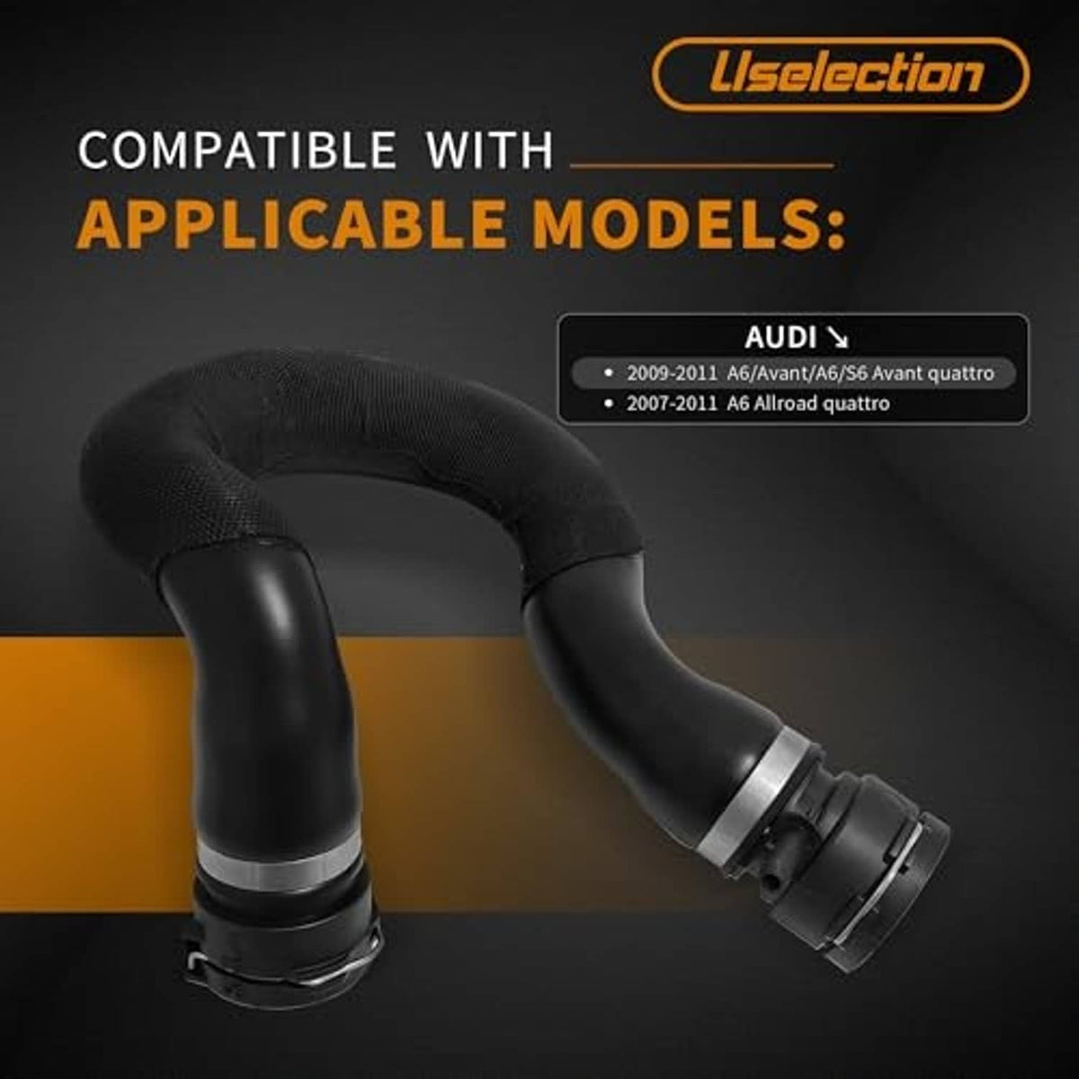 Black radiator coolant hose with two molded ends and collar connector fittings.