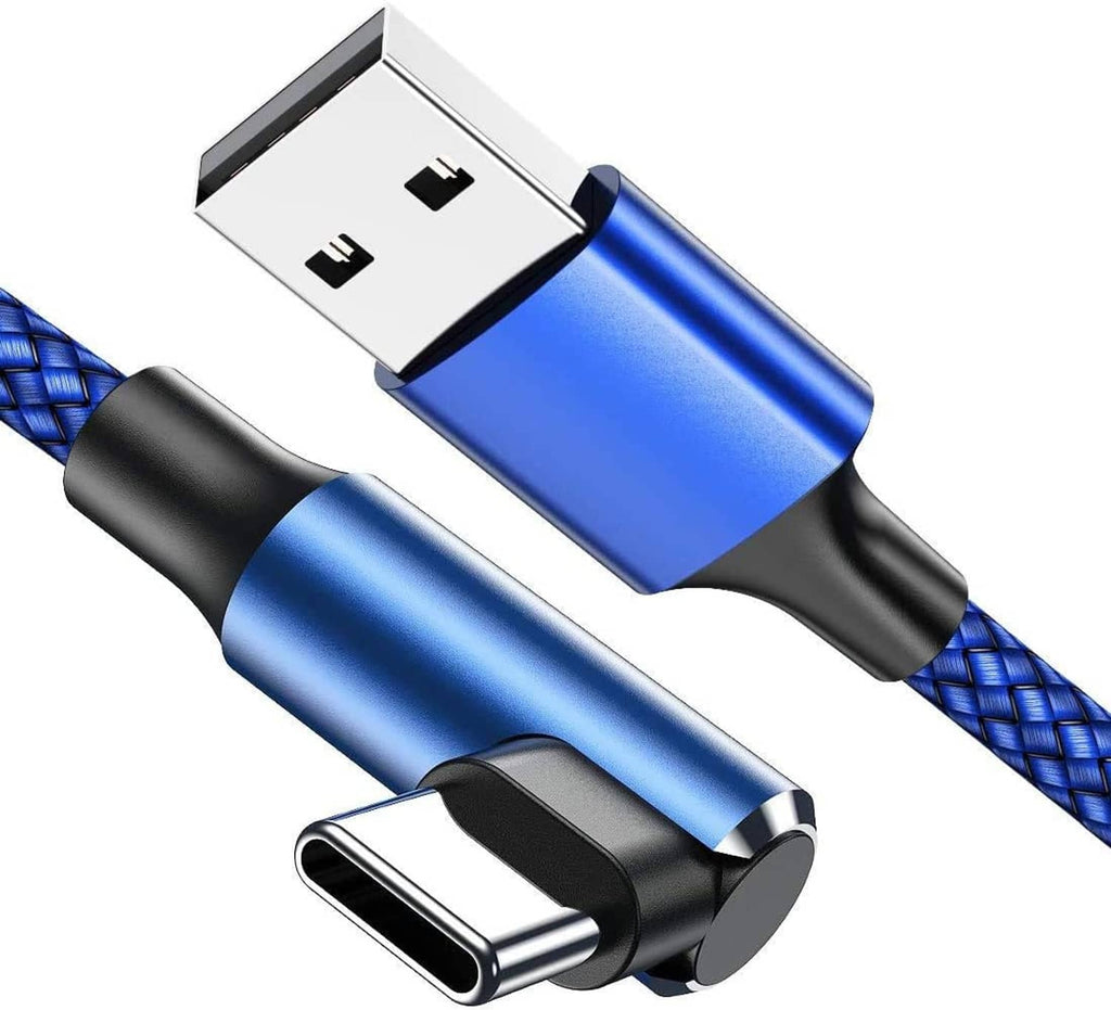 90-degree USB-C cable adapter, blue braided sleeve and right-angle Type-C connector