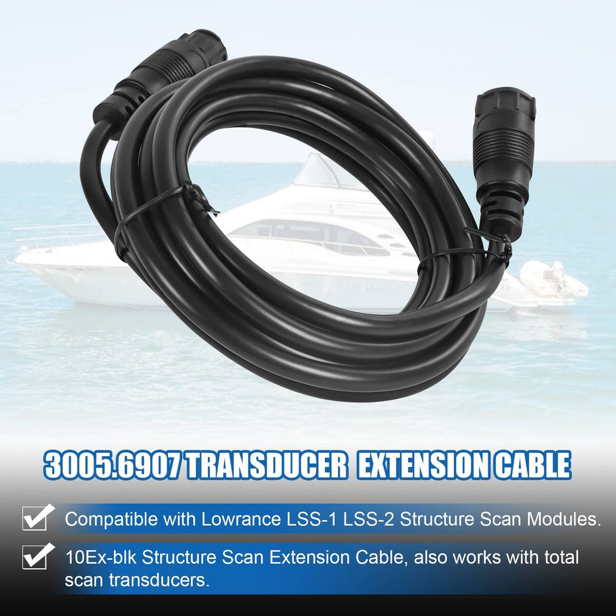 9-pin transducer extension cable with 10 ft coiled black cable and end connectors