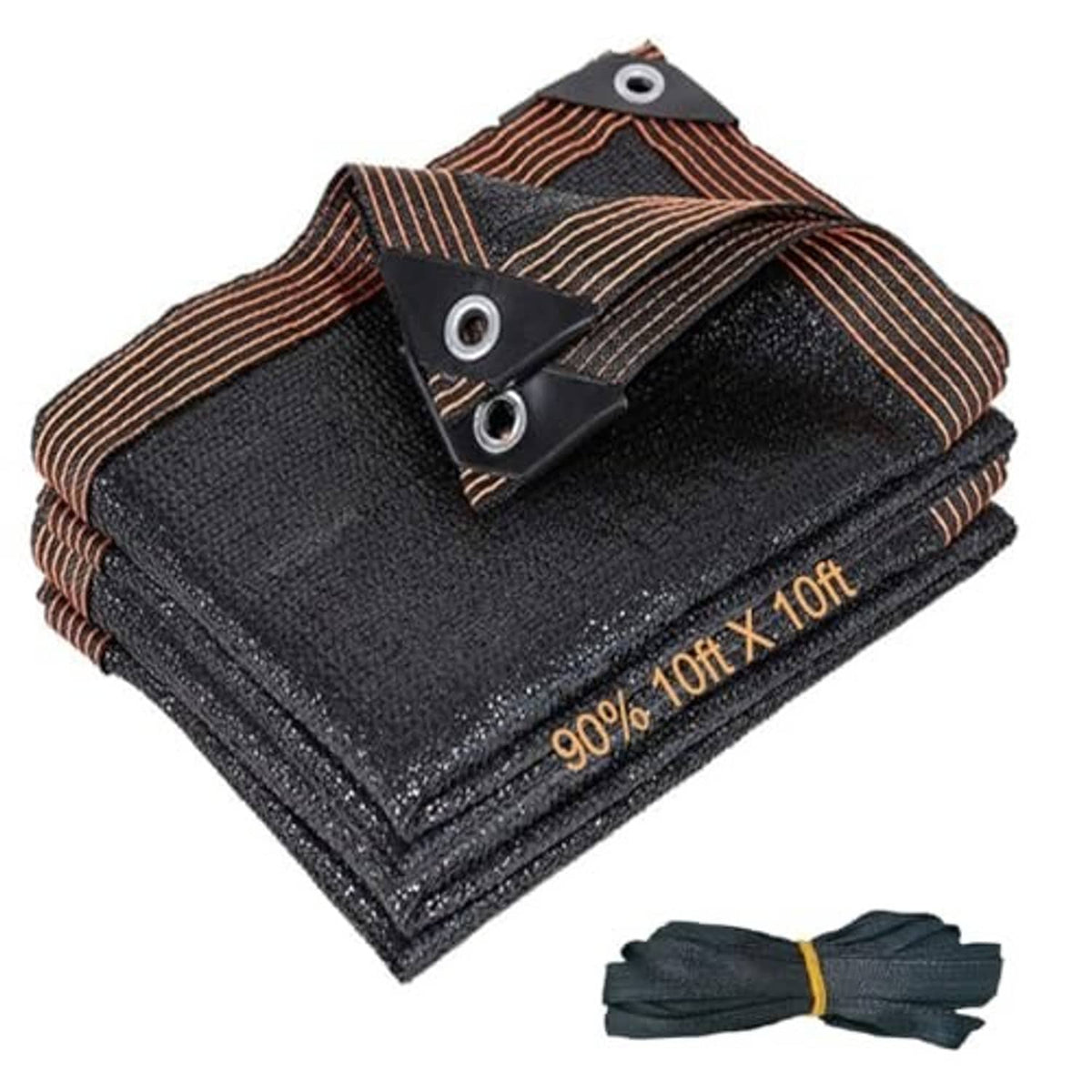 Dark shade cloth mesh tarp folded, rust pinstripe trim and grommets on black webbing