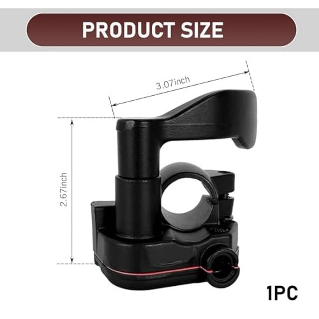 Black thumb throttle handle with cable port, shown with product size diagram outline