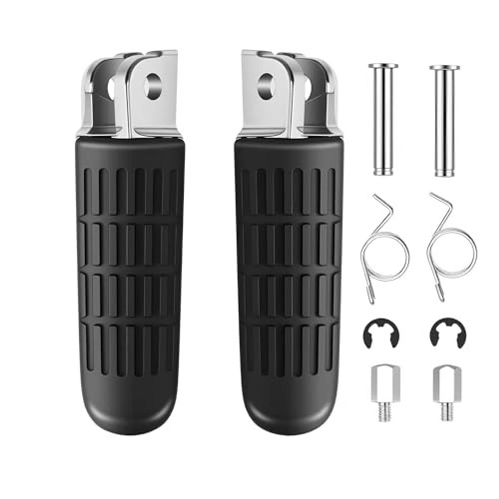 Motorcycle footrest pair: black rubber pads with silver brackets and screws