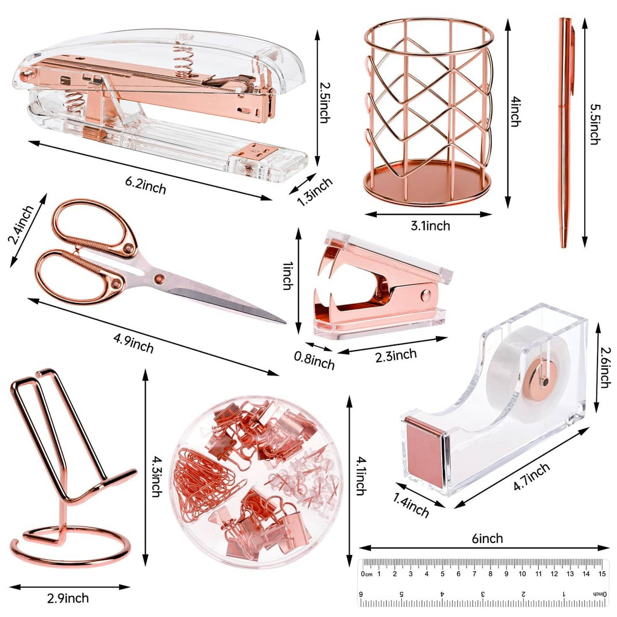 Rose gold desk accessory set with stapler, scissors, clips, tape dispenser, and holder