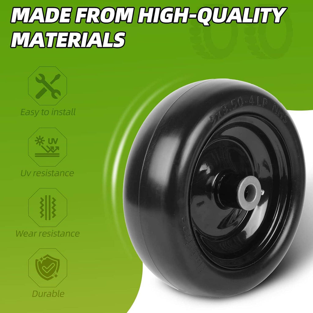 Black flat-free lawnmower tire on wheel with center hub opening
