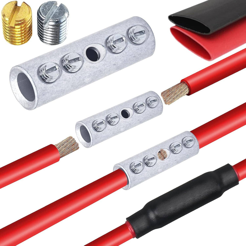 00 gauge tinned brass wire butt connectors with screw terminals and stripped red wire ends
