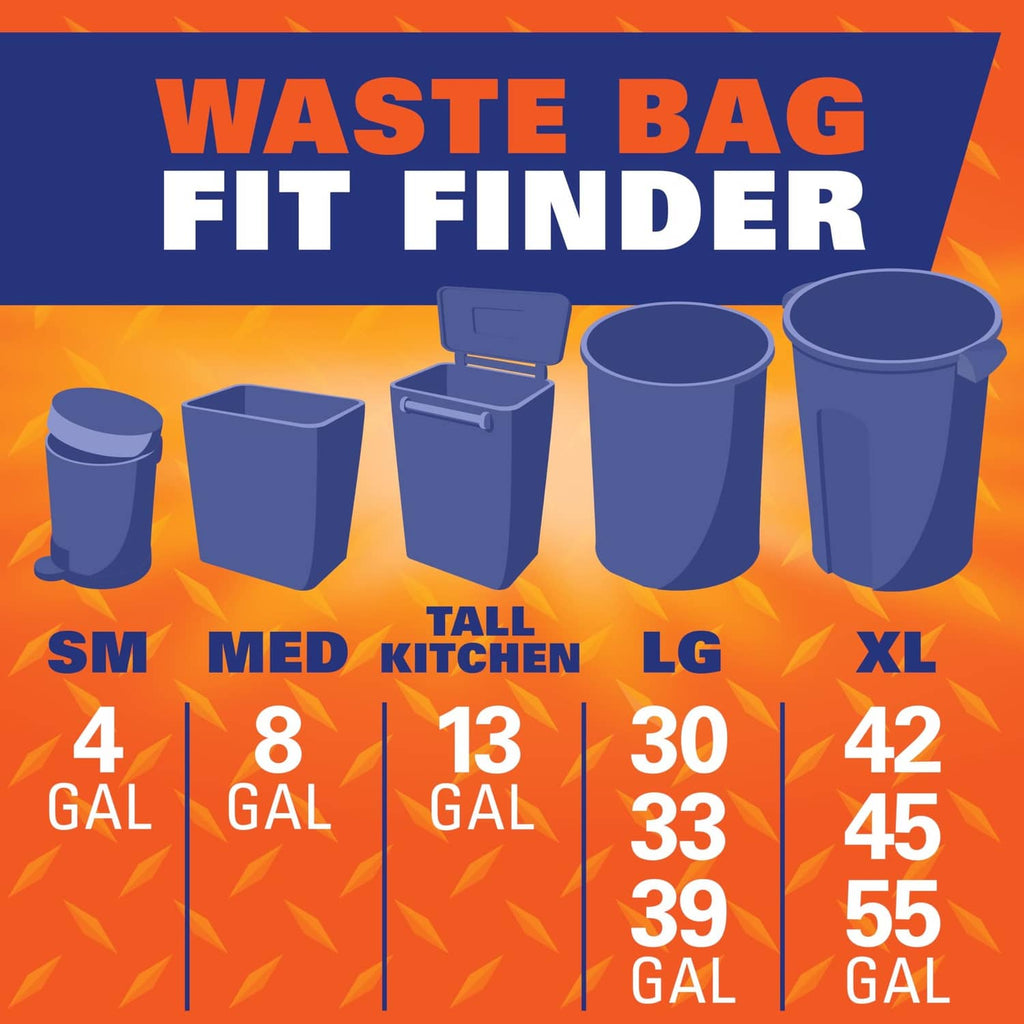 Hefty waste bag fit finder chart showing tall kitchen 13-gallon size option