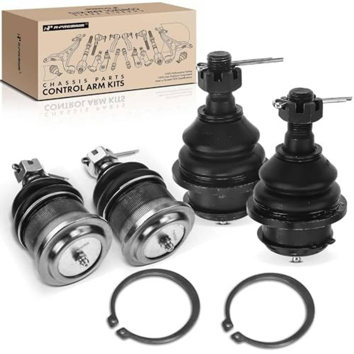 Four-piece front ball joint kit with box and metal studs, black rubber boots