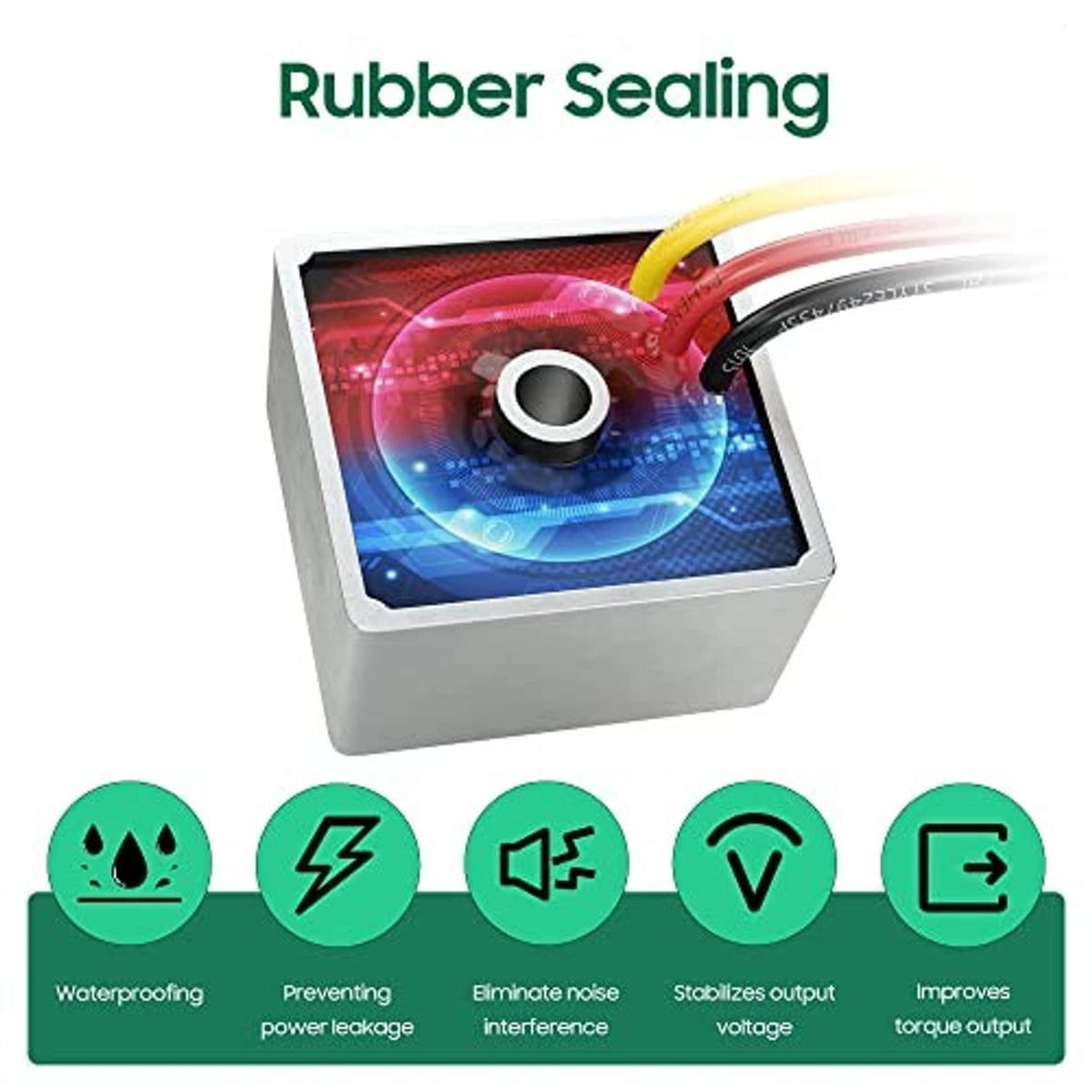 Voltage regulator with sealed aluminum case and rubber sealing around wire entry