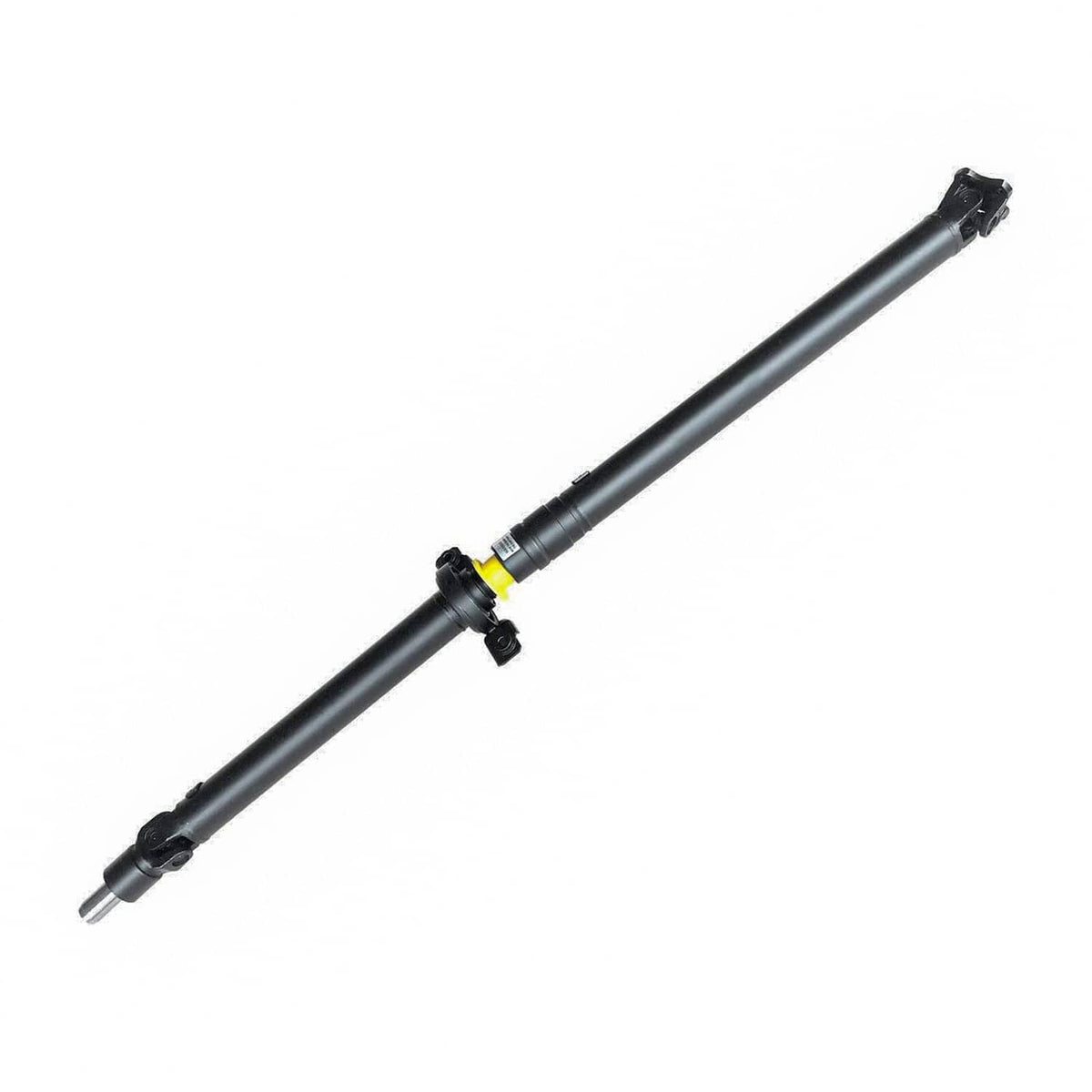 Rear prop shaft assembly with black shaft and cross-joint hardware, yellow alignment mark