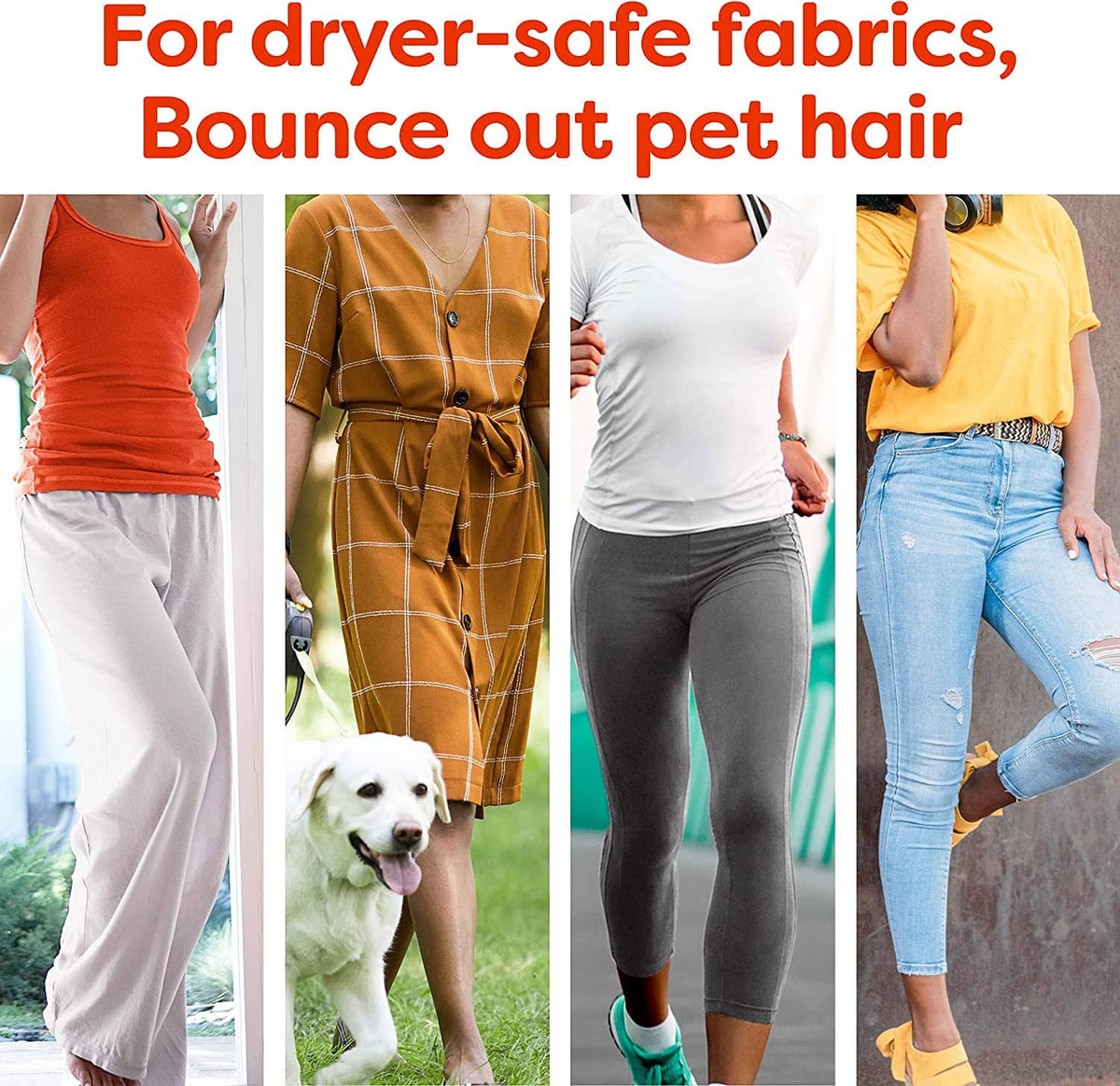 Pet hair guard dryer sheets shown on clothing for dryer-safe fabric use