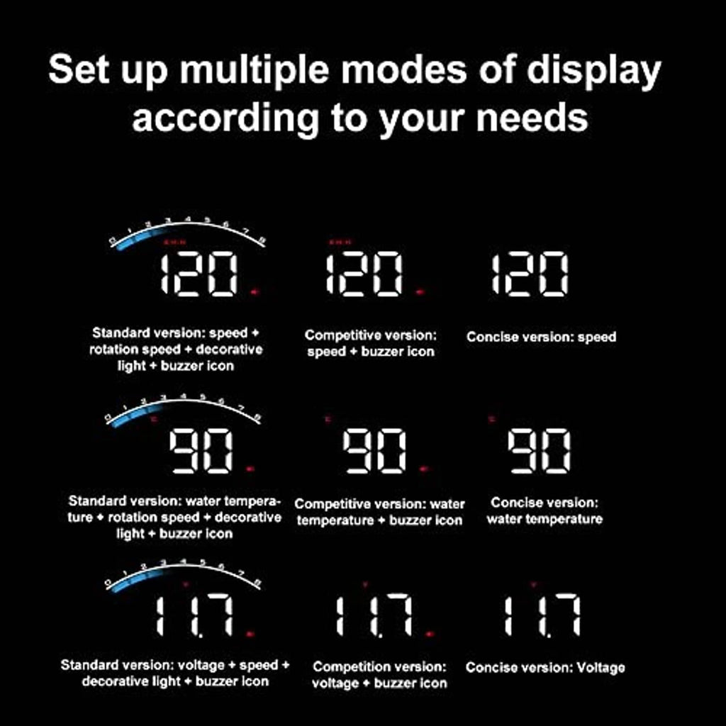 HUD projector display modes graphic with speed and temperature style readouts