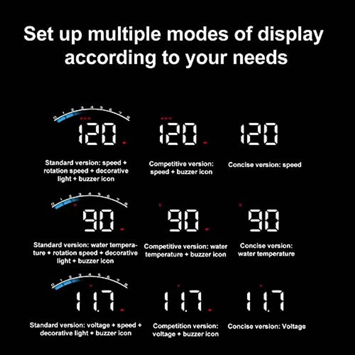 HUD projector display modes graphic with speed and temperature style readouts