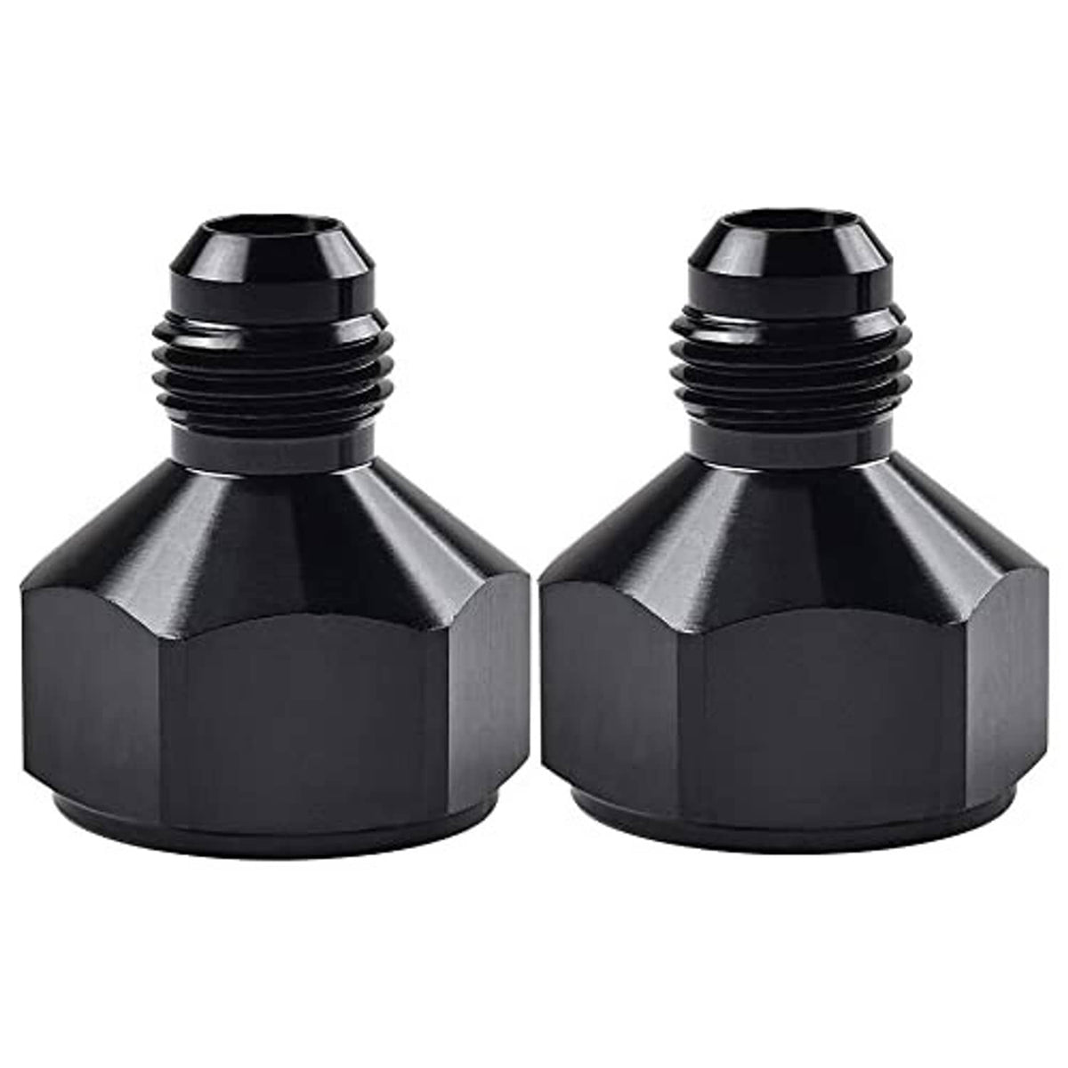 Black AN flare reducer adapter, two-piece, 10AN to 8AN, hex body and threads