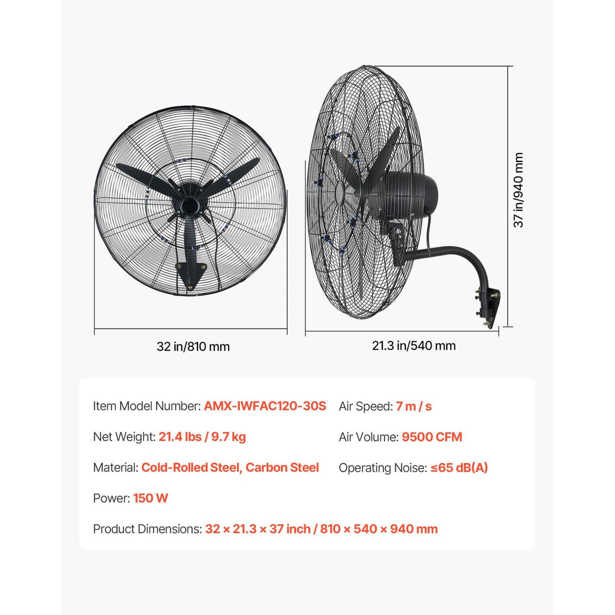 Wall-mounted oscillating fan, front and side view with dimensions on the base.