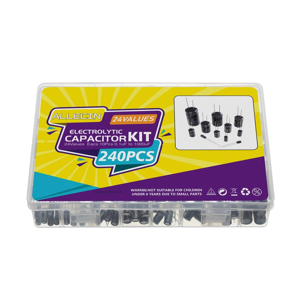 Electrolytic capacitor kit case with front label and assorted black capacitors inside