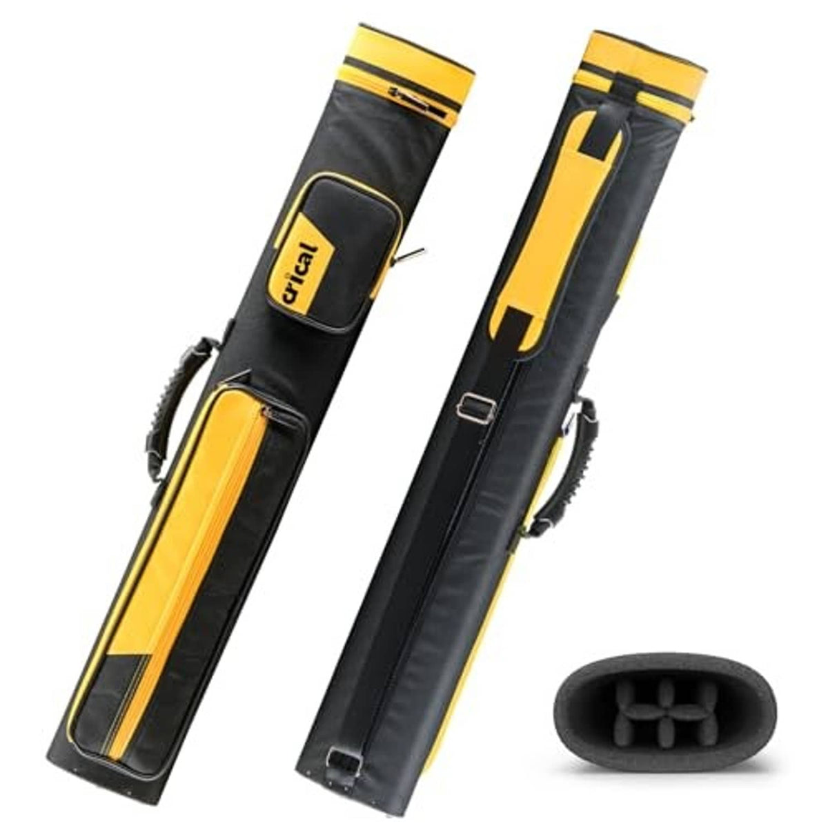 Black and yellow hard pool cue case with buckle strap and end insert, two tube openings