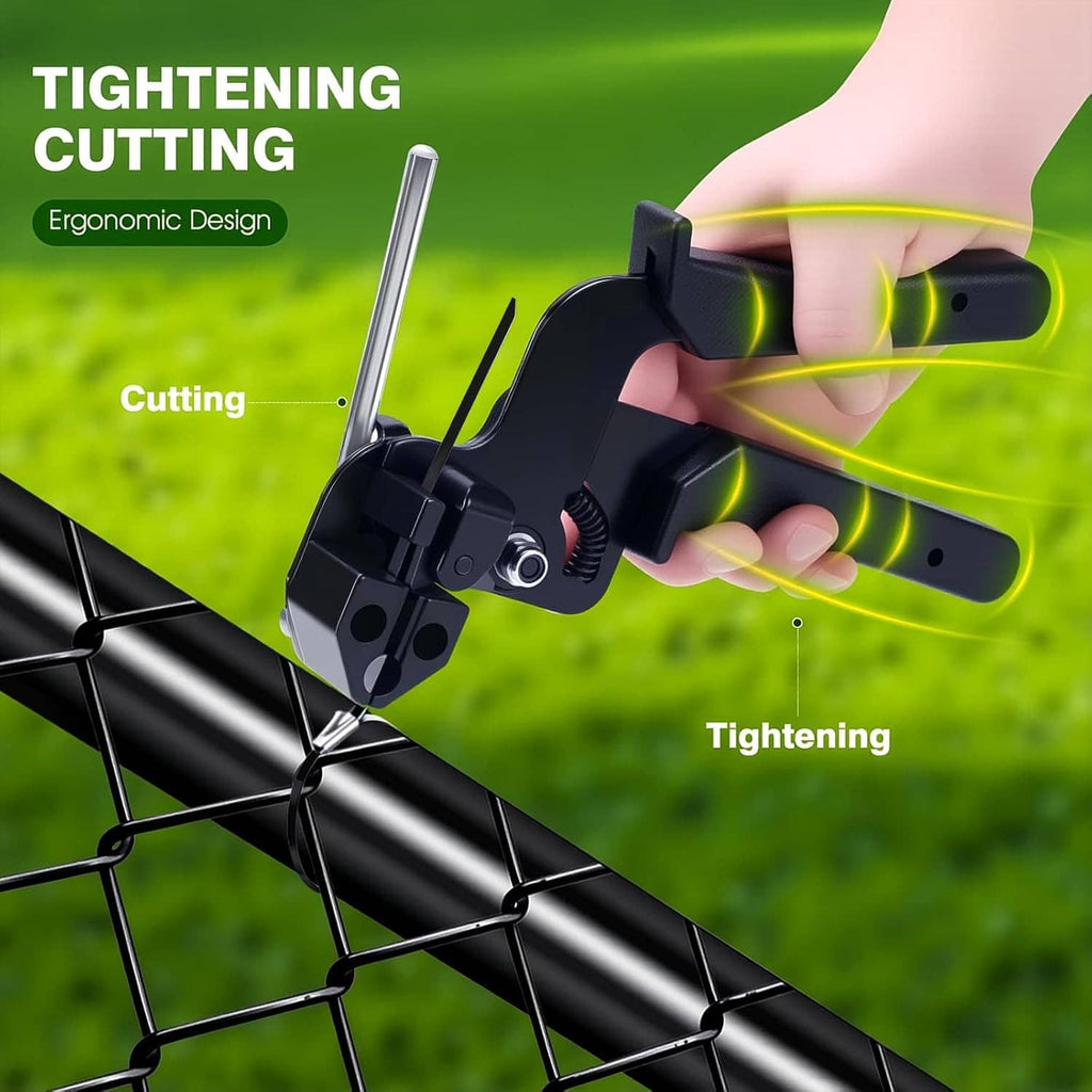 Black cable tie gun tightening a zip tie on chain-link fence, close-up of jaws