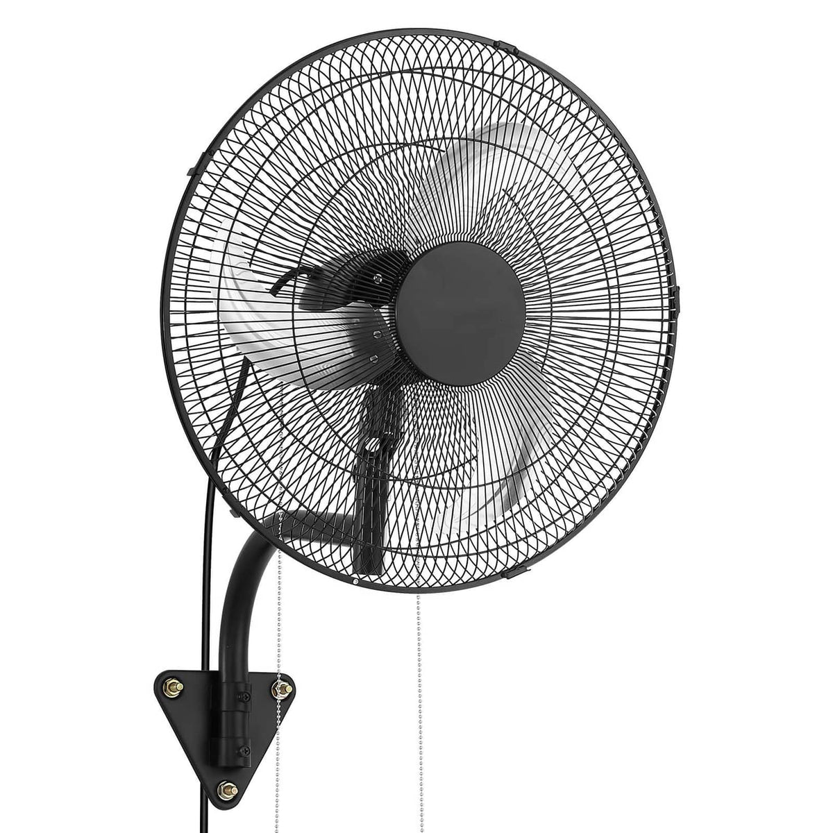 Close-up 18-inch wall-mounted oscillating fan with black circular grille center