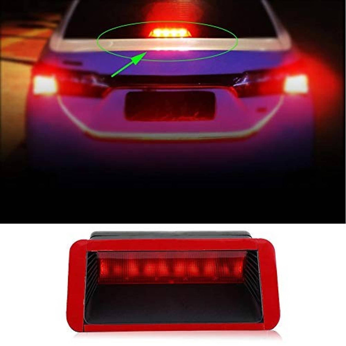 Red LED third brake light glowing, high-mount rear brake light unit