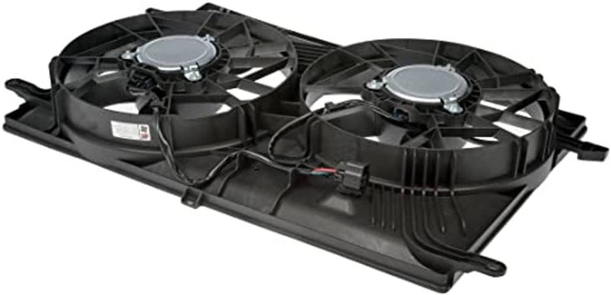 Engine cooling fan assembly with two fan modules on a black shroud and tabs