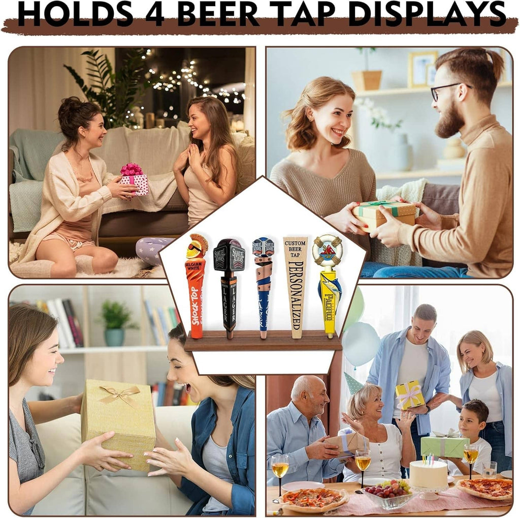 Brown beer tap handle display showing four decorative tap handles in home use