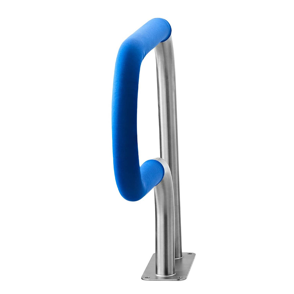 Stainless steel pool handrail with blue foam vertical handle and round base plate