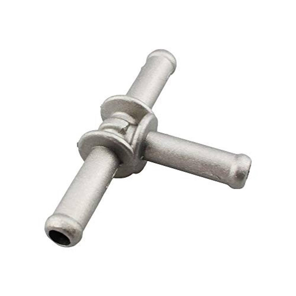Aluminum coolant hose T-fitting coupler in angled view, showing barbed inlet/outlet ends
