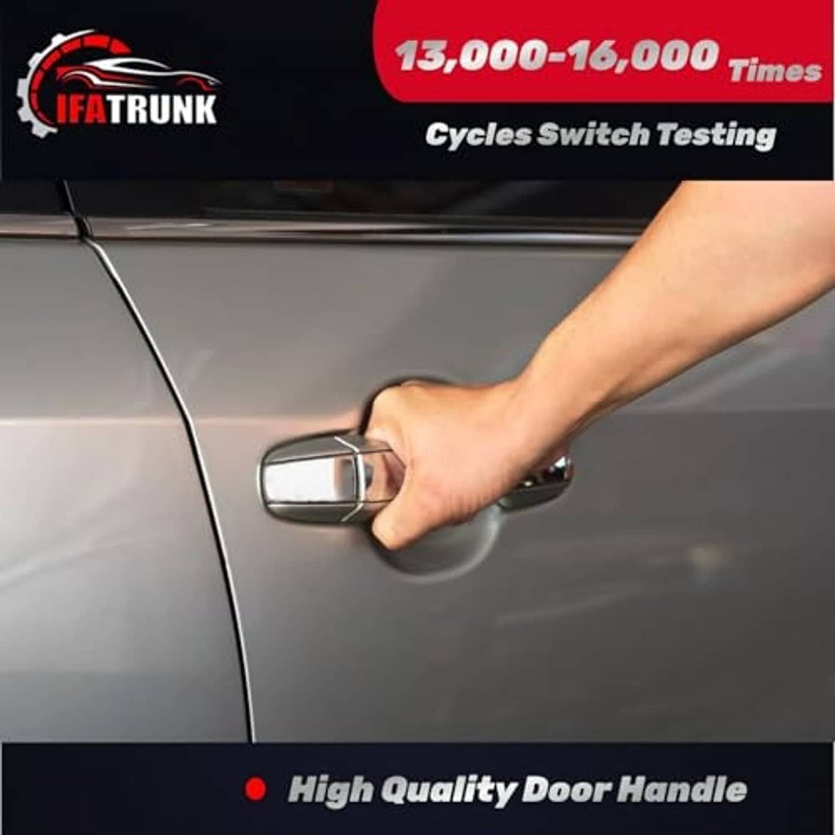 Black exterior door handle being pulled by a hand on the driver-side door.