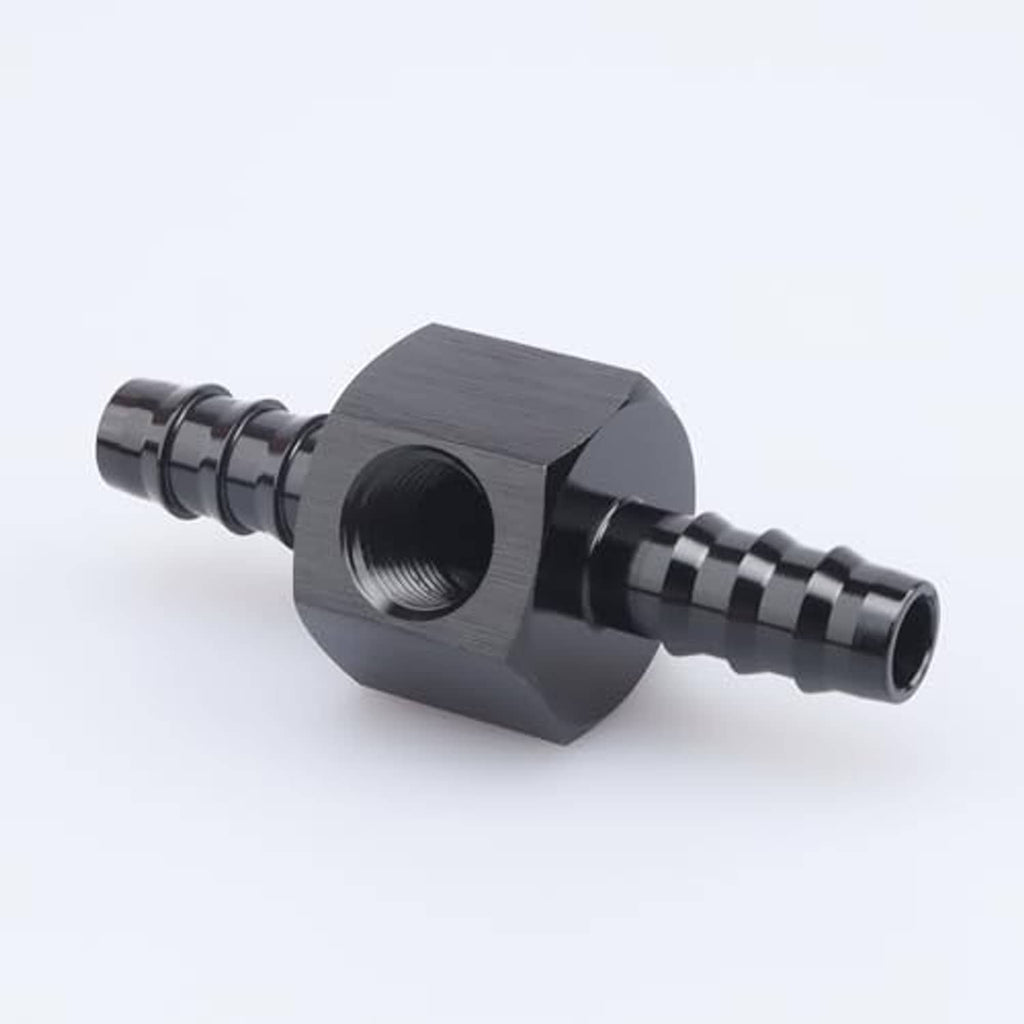 Black metal barbed NPT sensor gauge adapter, angled view of hex block and ports