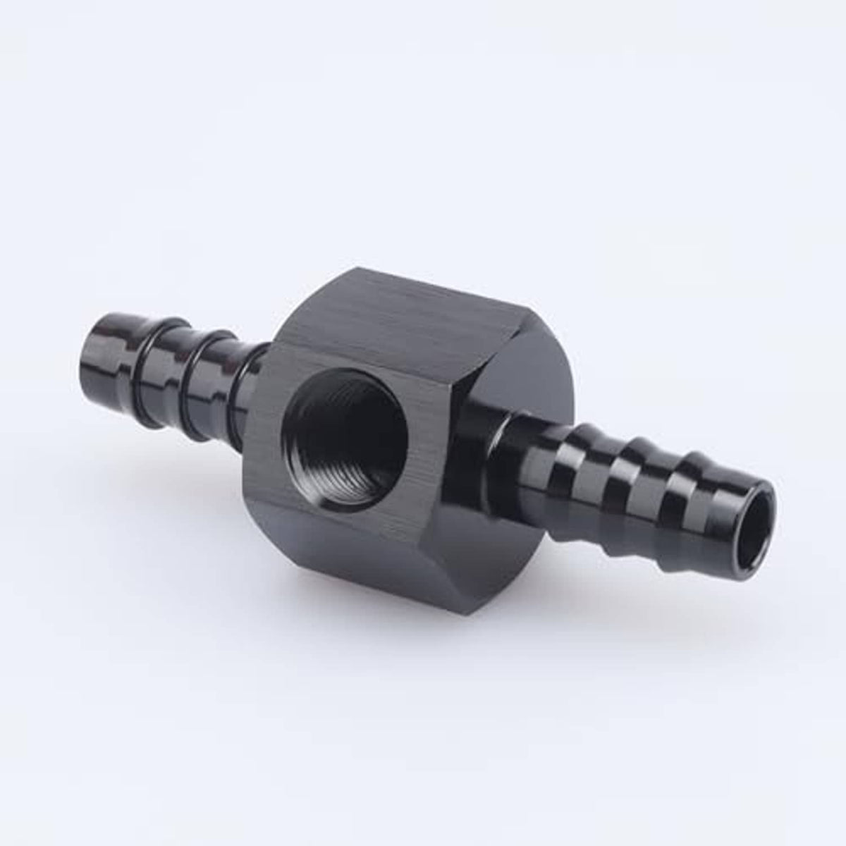 Black metal barbed NPT sensor gauge adapter, angled view of hex block and ports